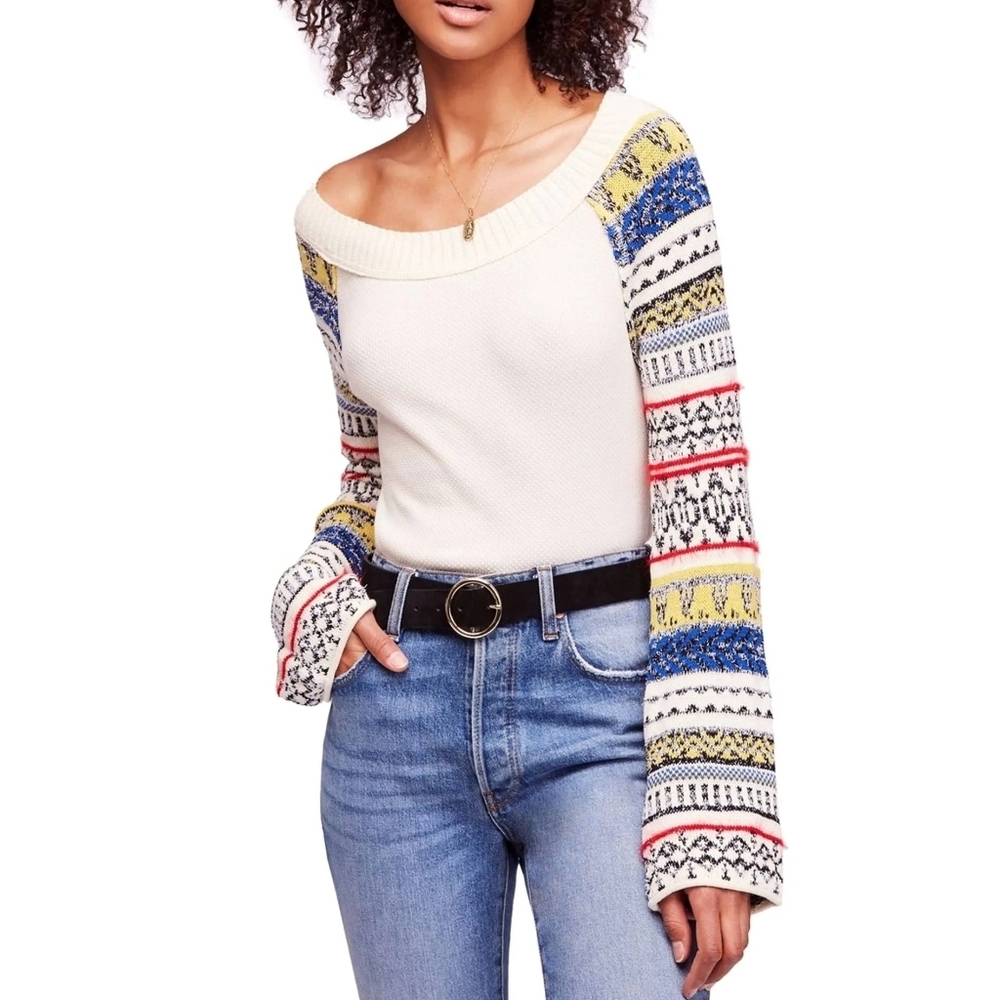Free People Sweater - aztec colorful sleeve waffle knit cream long sleeve top xs - Picture 1 of 10